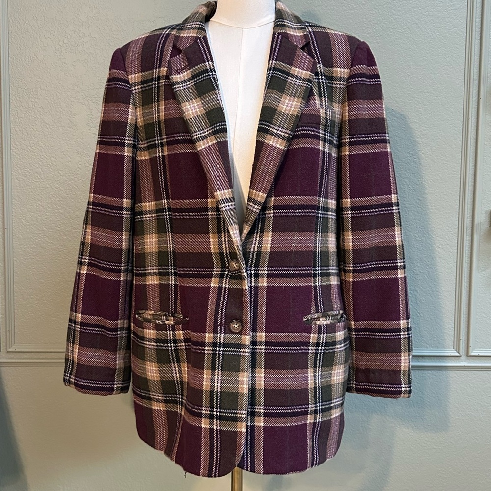 90s Vintage White Stag Wool Blend Plaid Blazer - Ladies 14 - Picture 1 of 5